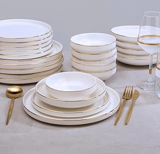 24 Piece Ceramic Dinner Set White with Gold Rim
